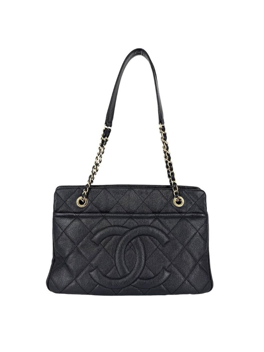 Chanel Tote Quilted CC Logo Handbag Shoulder Chain Caviar Leather Black Gold